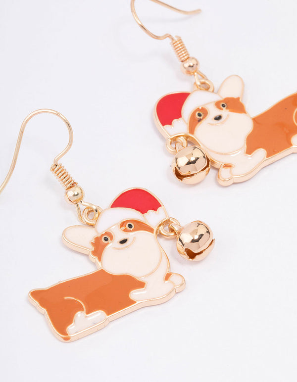 Gold Corgi With A Santa Hat Drop Earrings