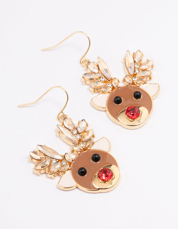Gold Diamante Red Nosed Reindeer Drop Earrings