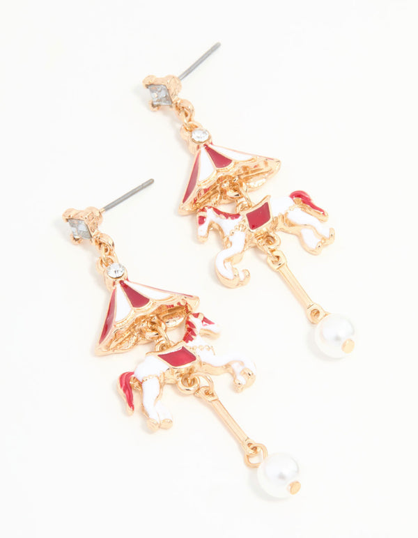 Gold Pearl Carousel Horse Drop Earrings