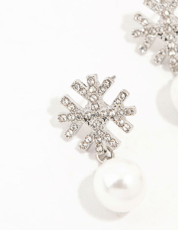 Silver Pearl & Diamante Snowflake Earrings