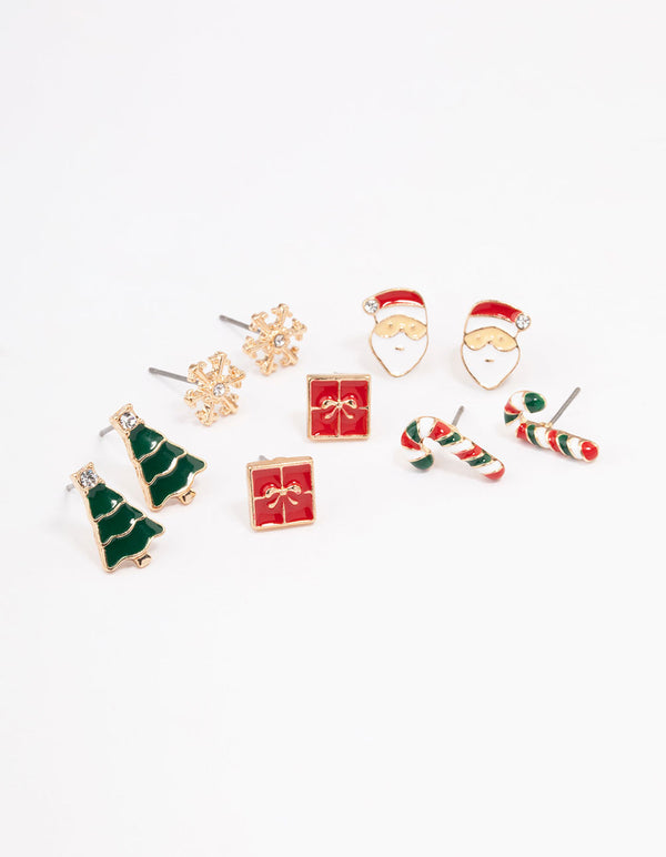 Gold Snowflake & Red Present Earrings 5-Pack