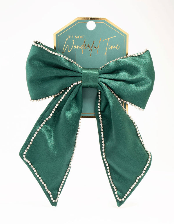 Green Fabric Diamante Cupchain Bow Hair Clip