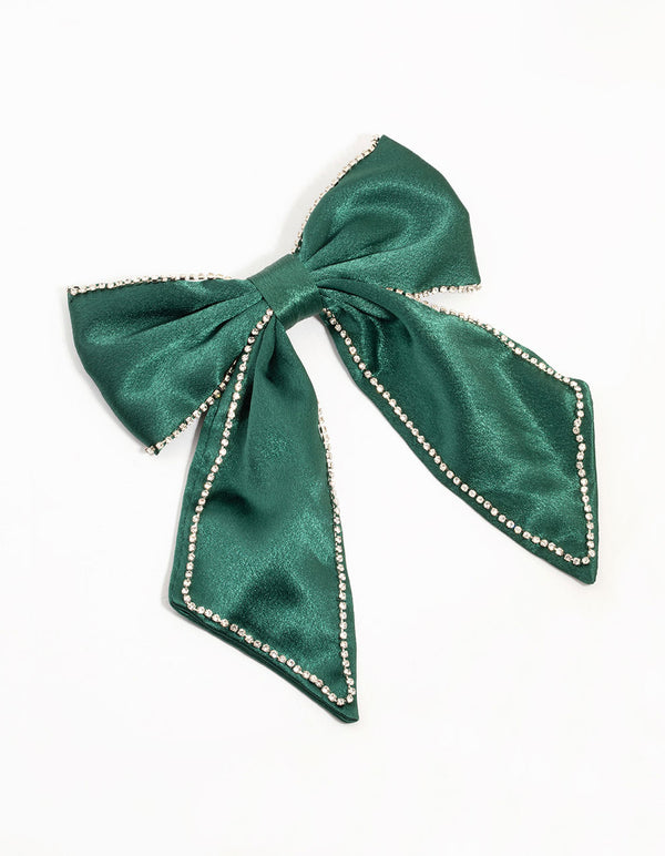 Green Fabric Diamante Cupchain Bow Hair Clip
