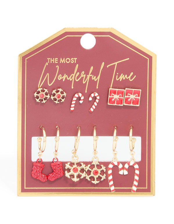 Gold Red Diamante Snowflake & Present Earrings 6-Pack