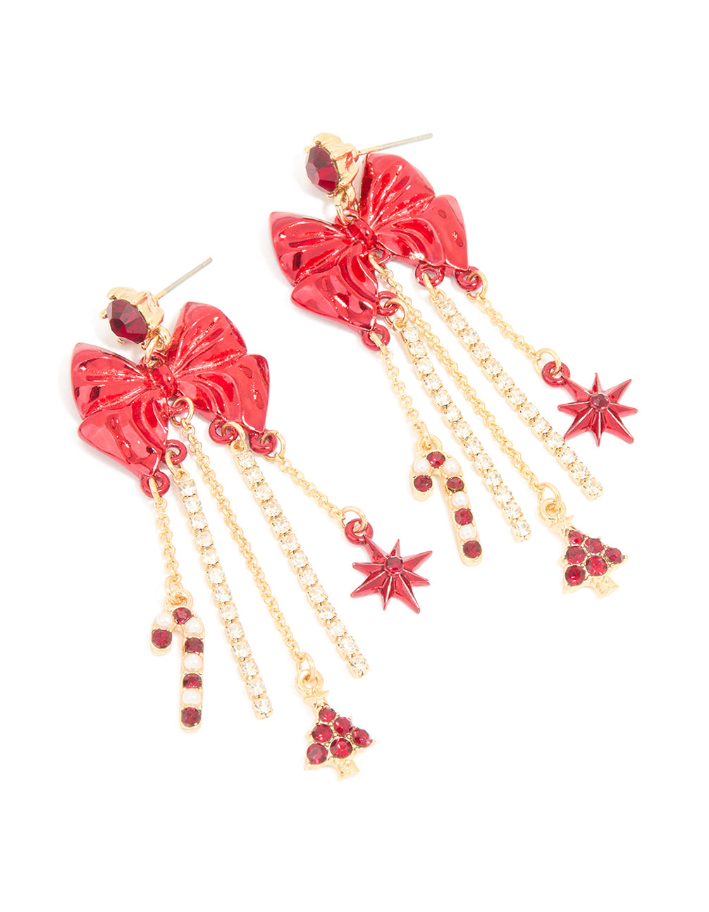 Gold Diamante Cup Chain Red Bow Drop Earrings