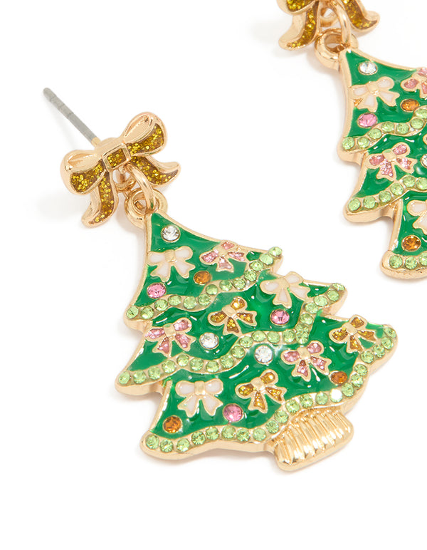 Gold Bow Festive Tree Drop Earrings