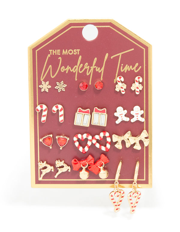 Gold Candy Cane Heart & Present Earrings 12-Pack