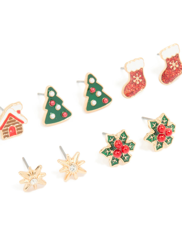 Gold Red Glittery Stocking & Gingerbread House Earrings 5-Pack
