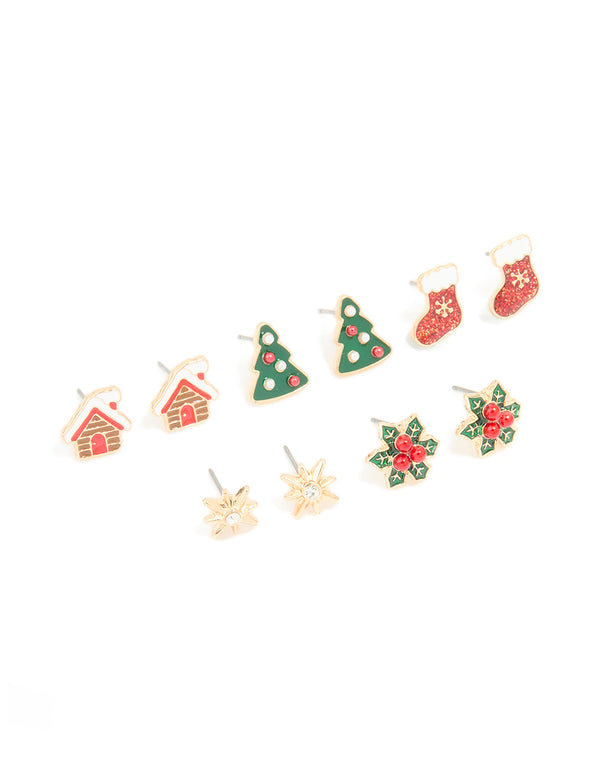 Gold Red Glittery Stocking & Gingerbread House Earrings 5-Pack