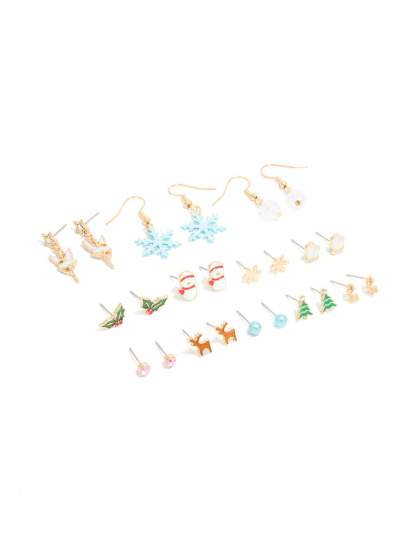 Gold Snowflake & Snowman Earrings 12-Pack
