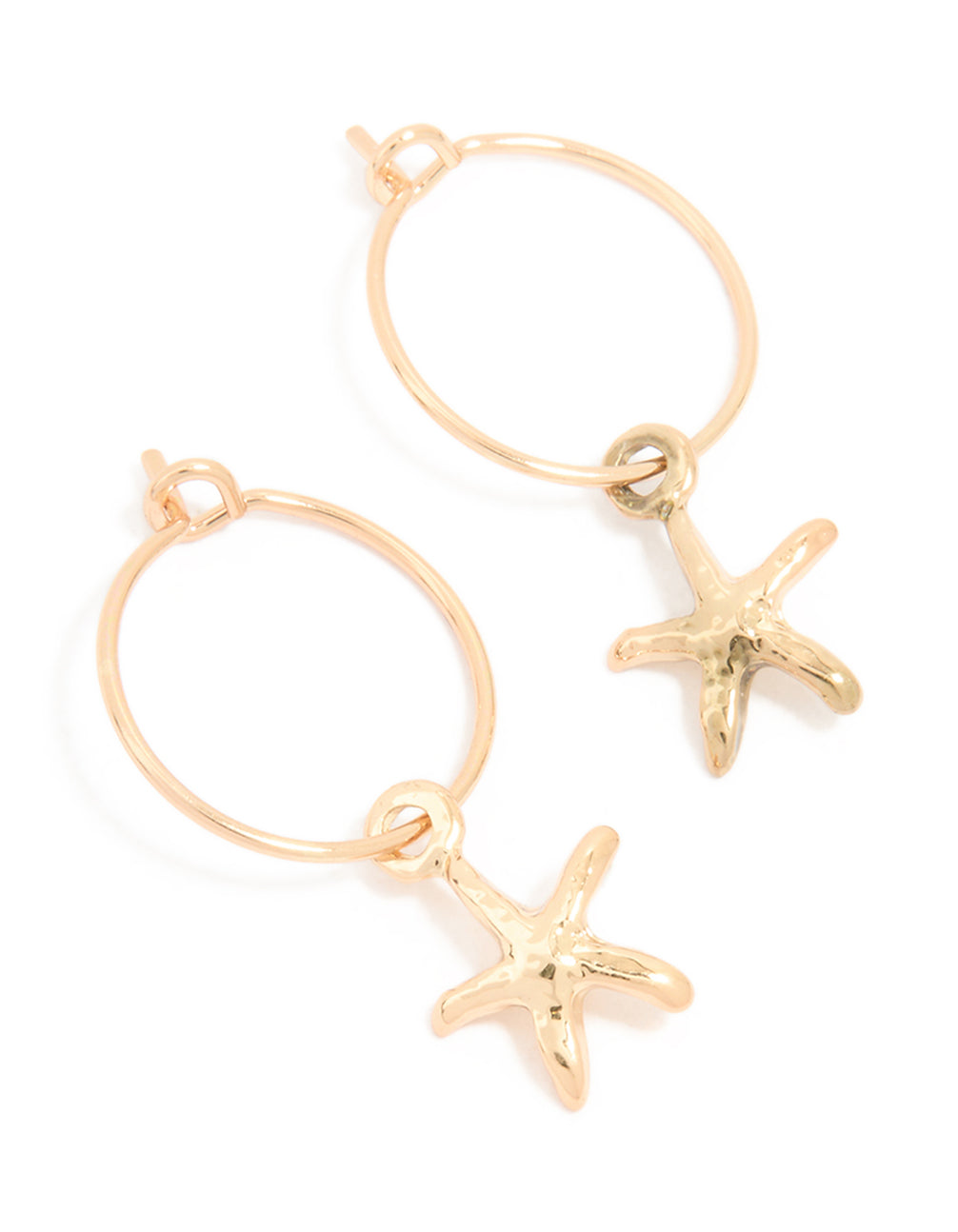 Showcasing gold starfish charm hoop earrings with ocean-inspired design front view