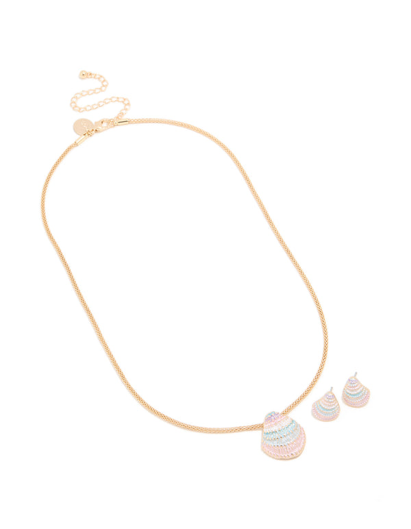 Gold Pink Blue Cream 3D Shell Earrings & Necklace Set