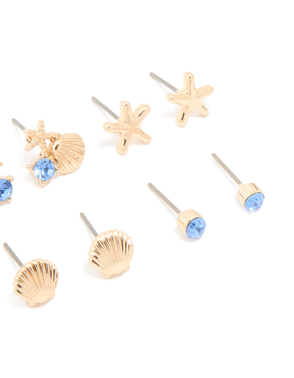 Kids Gold Blue Diamante Turtle & Starfish Stud Earrings 6-Pack