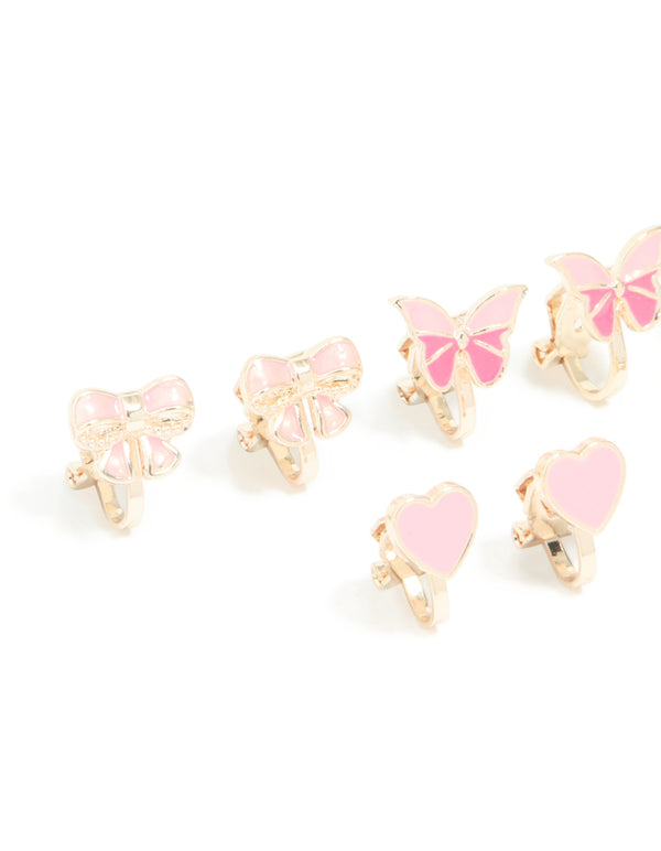 Kids Rose Gold Rainbow & Pink Bow Clip On Earrings 6-Pack