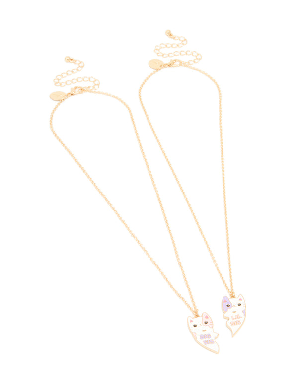 Kids Gold Pink & Purple Hugging Cat Big Sis Little Sis Necklaces Pack