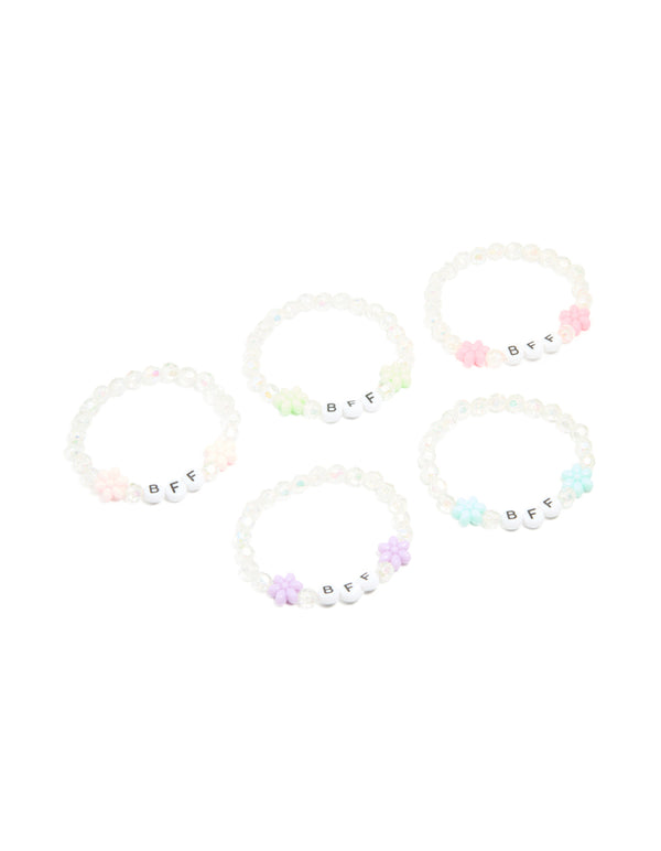 Kids White Beaded & Pastel Flower Best Friends Stretch Bracelets 5-Pack
