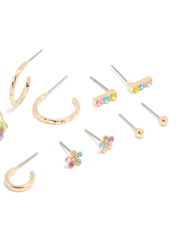 Gold Multicoloured Diamante Stud & Hoop Earrings 7-Pack