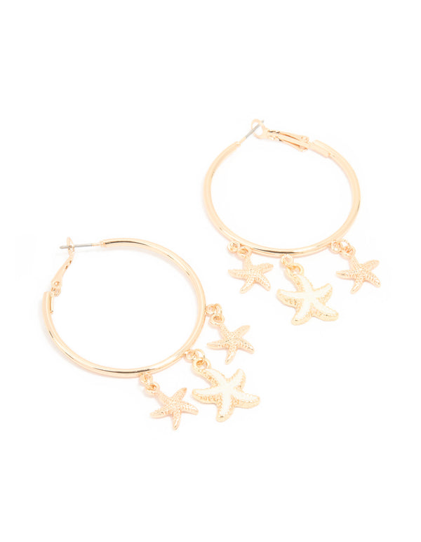 Gold Starfish Charm Hoop Earrings