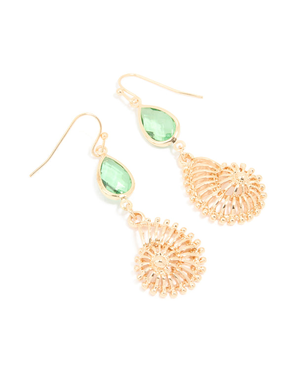 Gold Green Diamante & Snail Shell Drop Earrings