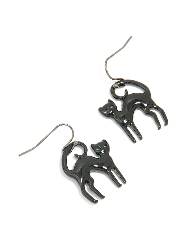 Black Coated Metal Cat Drop Earrings