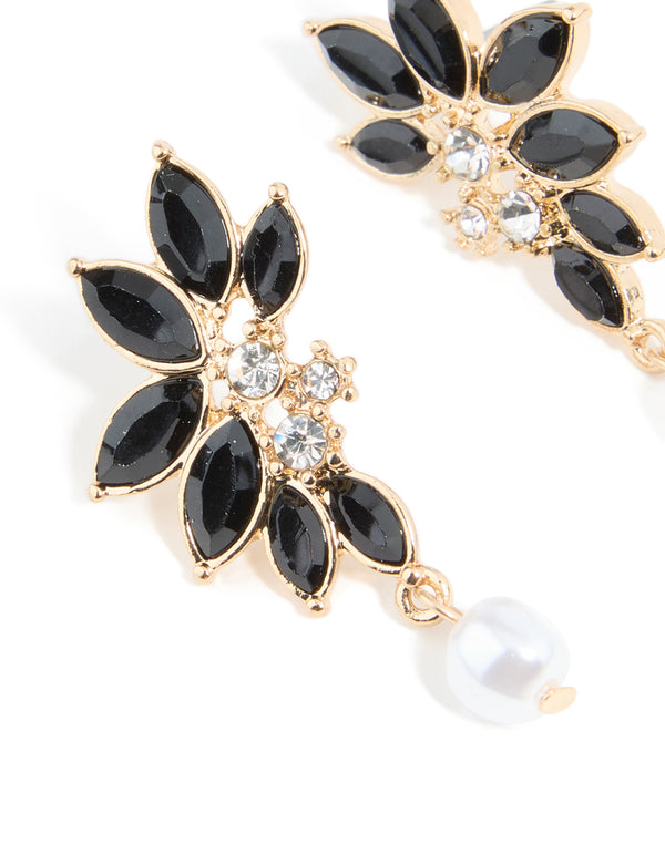 Gold Black Diamante Pearl Marquise Stud Earrings