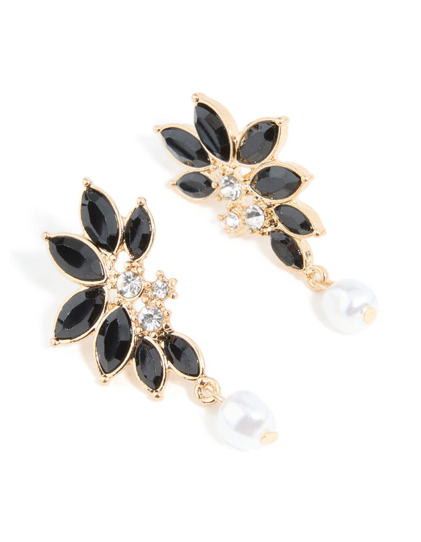Gold Black Diamante Pearl Marquise Stud Earrings