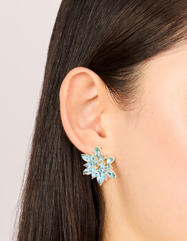 Gold Blue Diamante Marquise Flower Stud Earrings