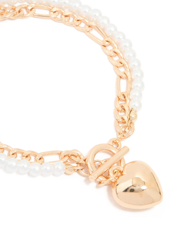 Gold Pearl & Heart Layered Toggle Bracelet