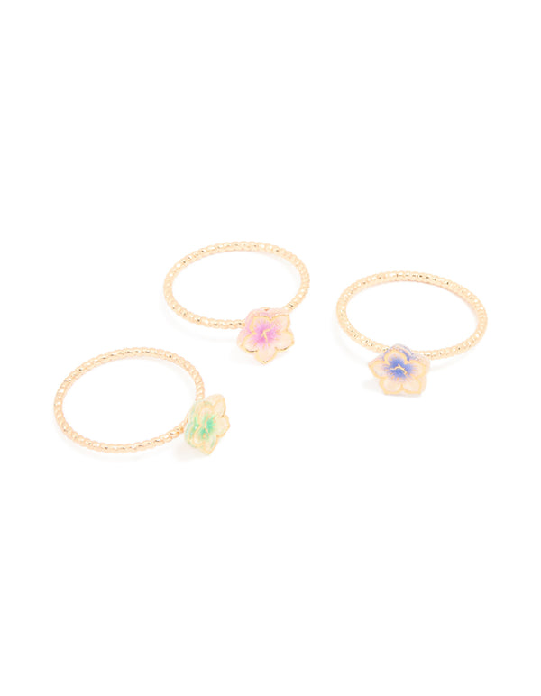 Gold 3D Pastel Flower Fine Rings 3-Pack