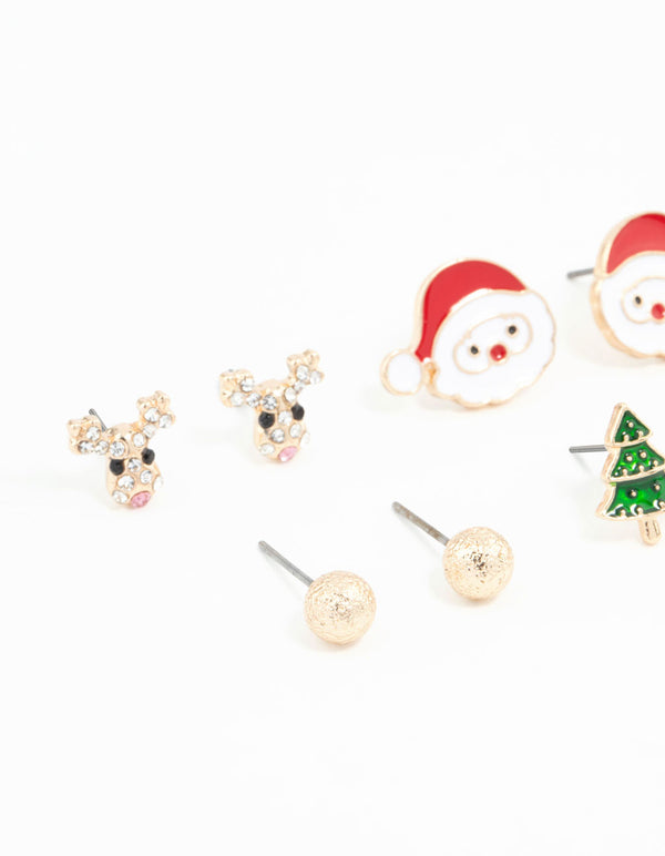 Kids Gold Santa Face & Star Stud Earrings 6-Pack