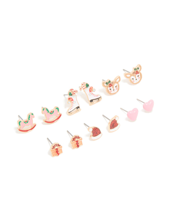Kids Gold Ice Skate & Present Earrings 6-Pack