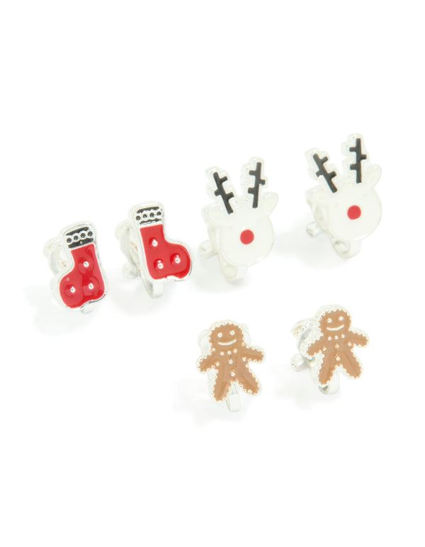 Kids Silver Snowman & Gingerbread Man Clip On Earrings 5-Pack