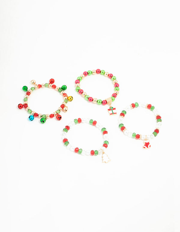 Kids Beaded Jingle Bell & Present Stretch Bracelets 4-Pack