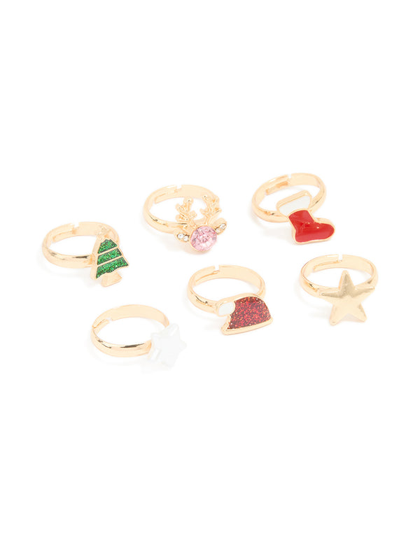 Kids Reindeer & Gold Star Rings 6-Pack