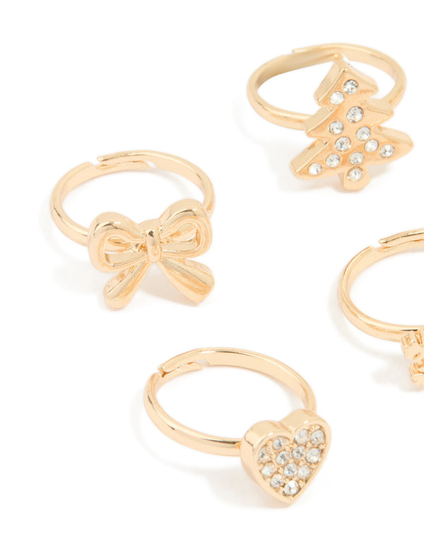 Kids Gold Diamante Reindeer & Snowflake Rings 6-Pack