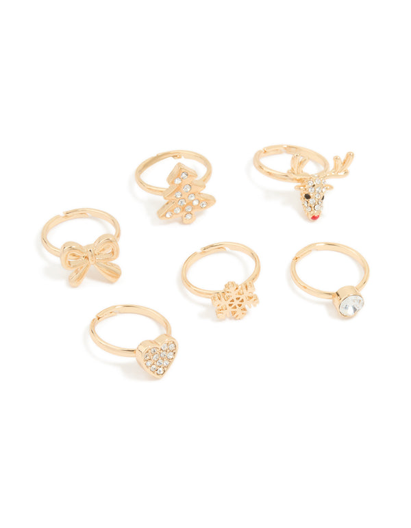 Kids Gold Diamante Reindeer & Snowflake Rings 6-Pack