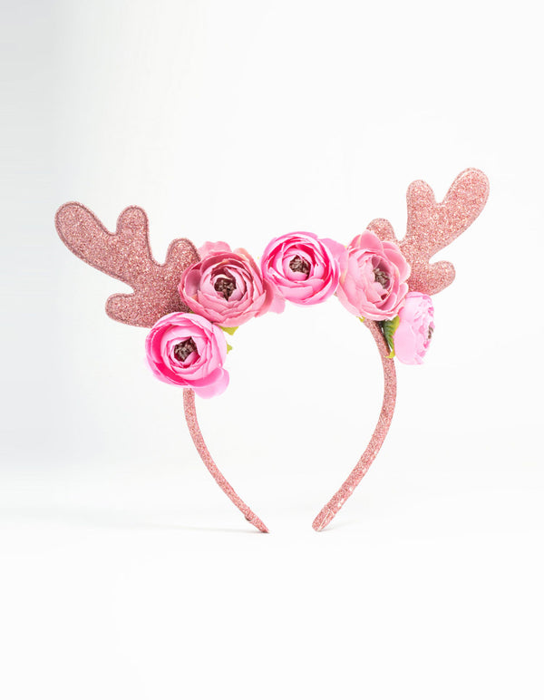 Kids Pink Glittery Fabric Flower Reindeer Antler Headband