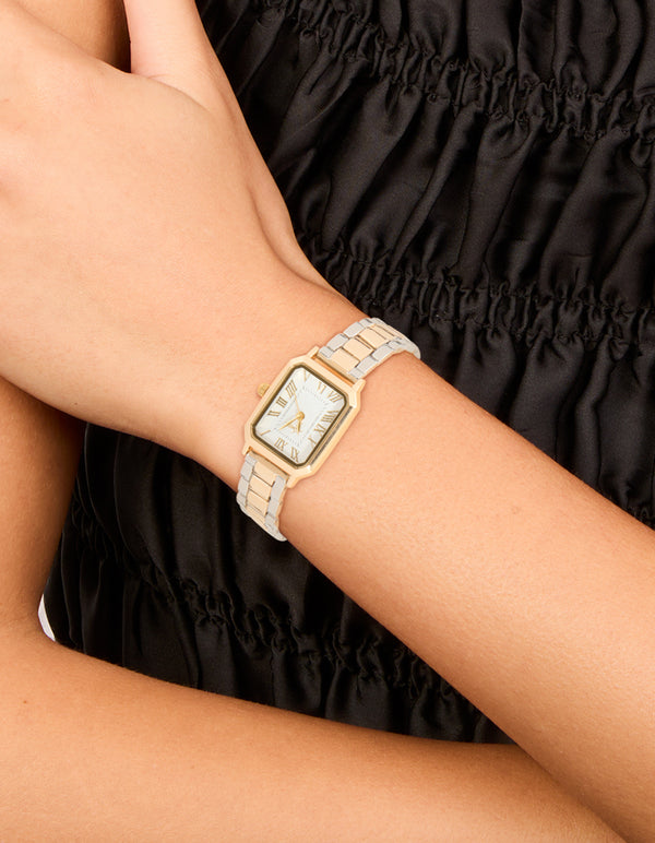 Mixed Metals Rectangle Roman Numeral Watch