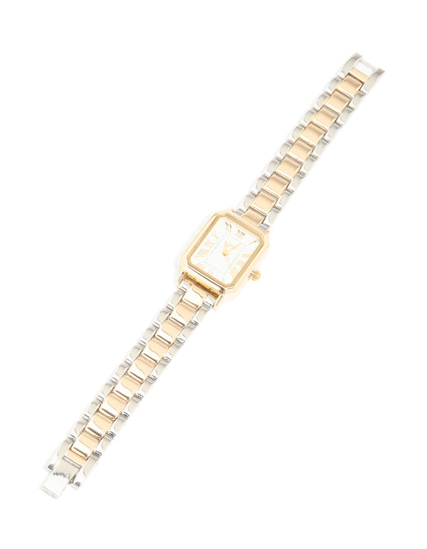 Mixed Metals Rectangle Roman Numeral Watch