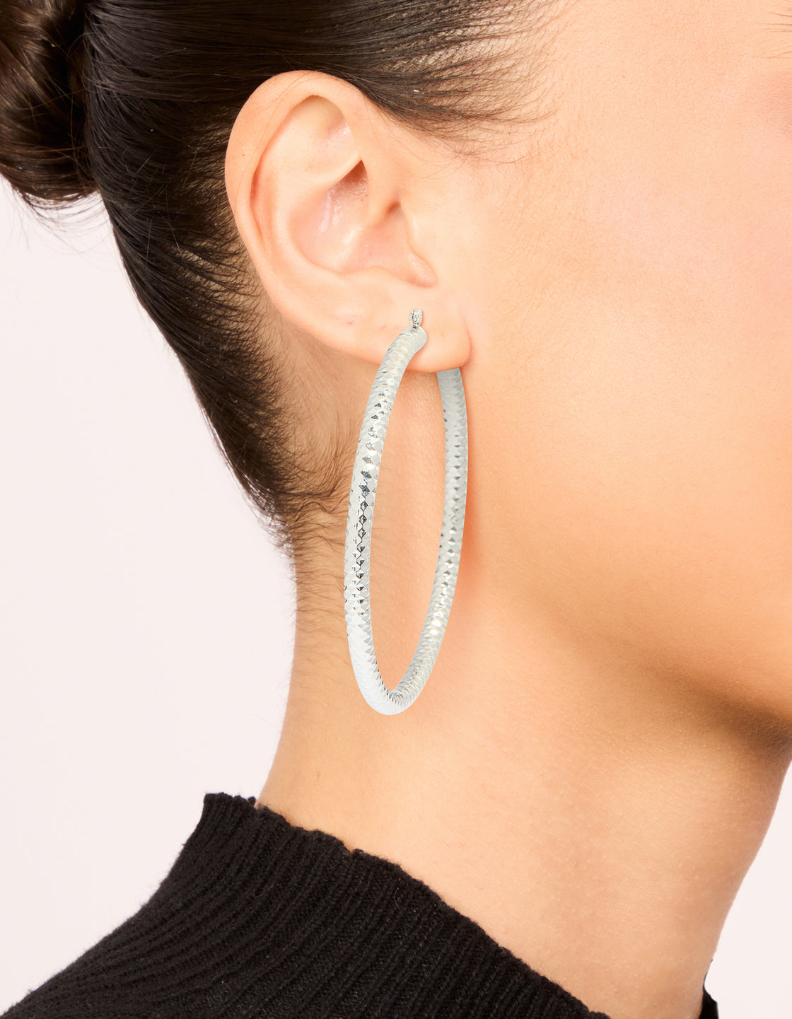 Silver Criss Cross Textured Medium Hoop Earrings