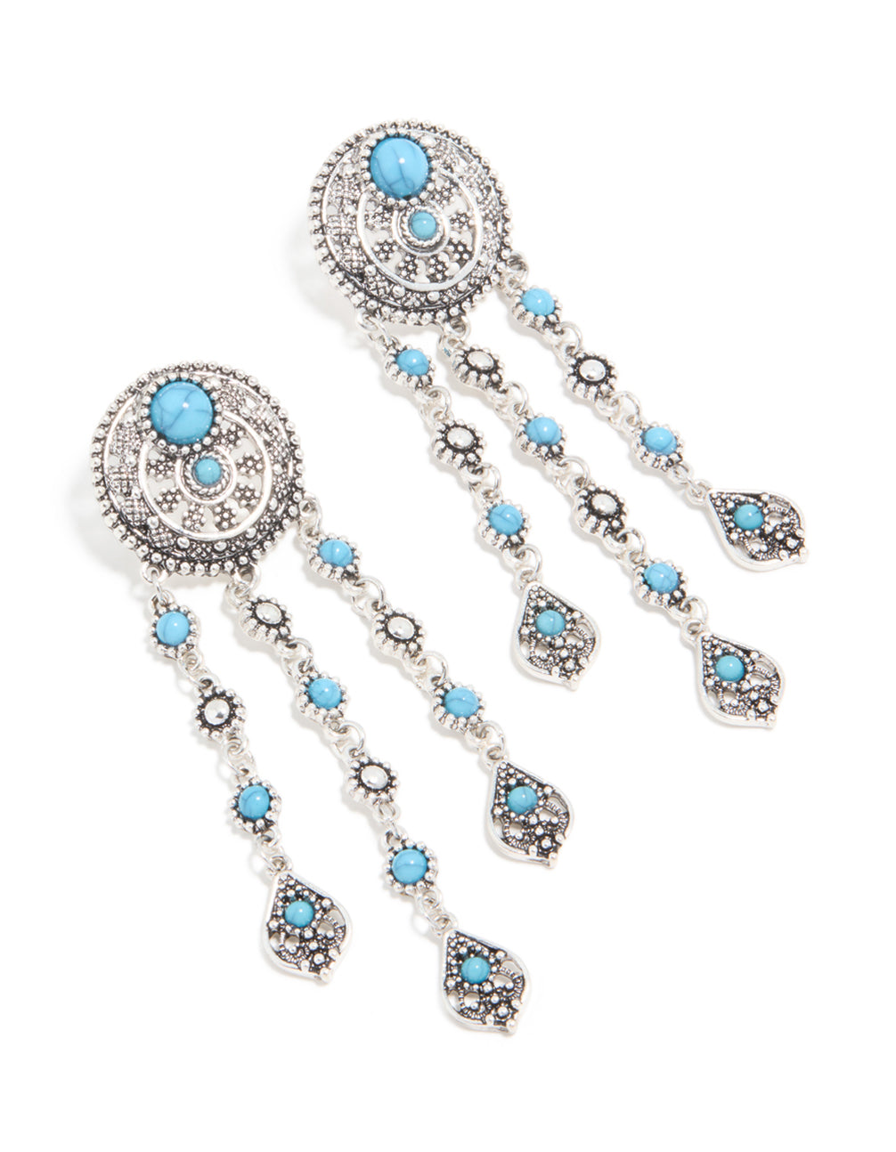 Antique Silver Blue Circle Drop Earrings