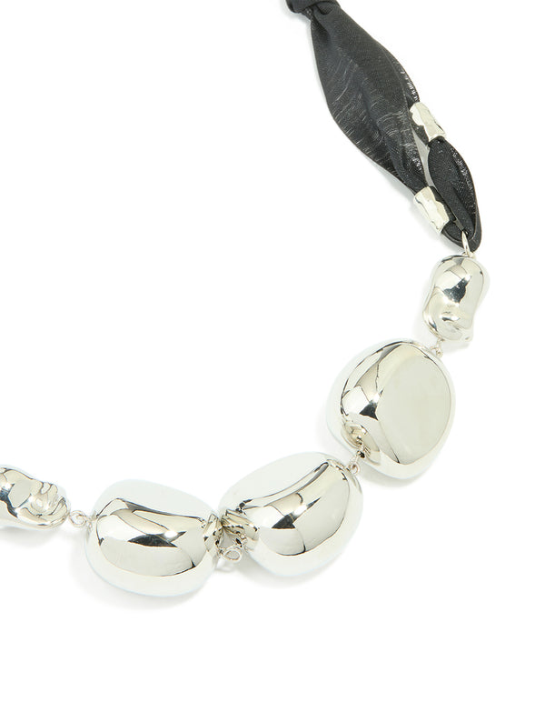 Silver Black Cord Fabric Orb Necklace