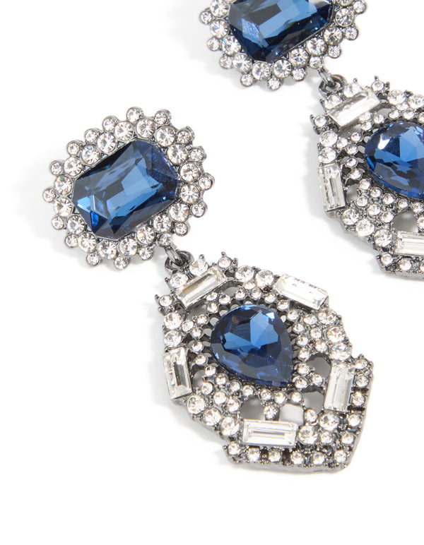 Silver Gunmetal Blue Diamante Pear Drop Earrings