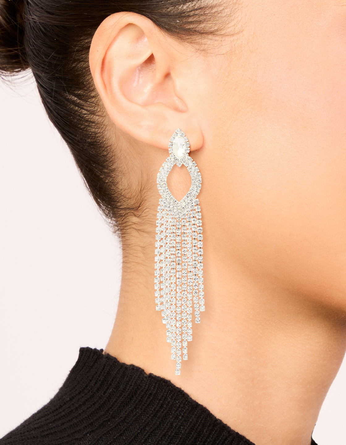Silver Diamante Pear Tassel Drop Earrings