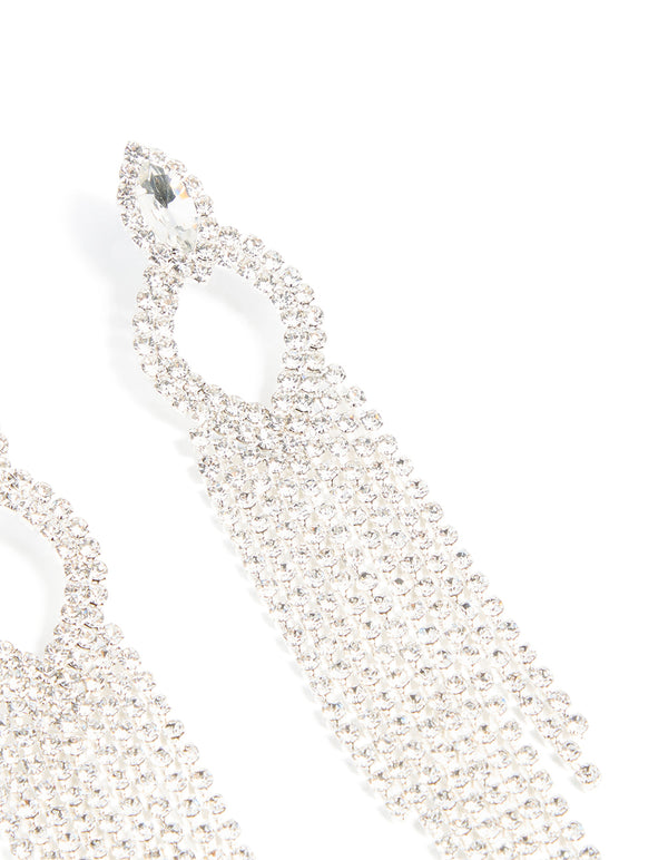 Silver Diamante Pear Tassel Drop Earrings