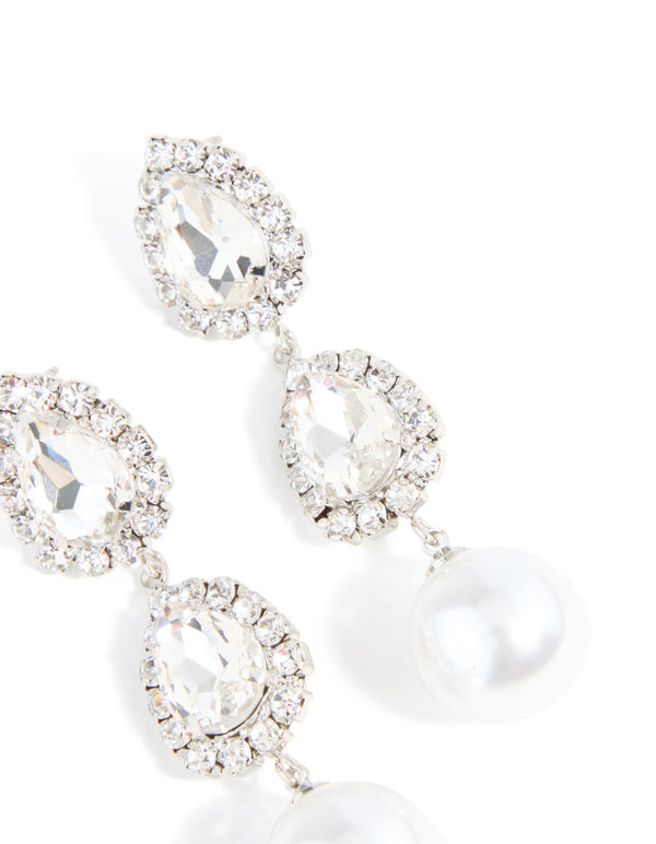 Silver Pearl Diamante Pear Drop Earrings