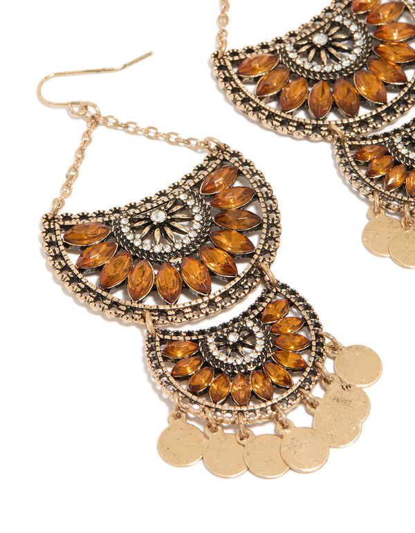 Stunning antique gold orange diamante statement charm drop earrings with floral details close up view