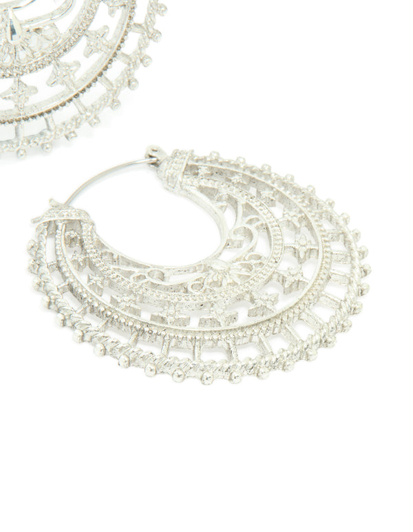 Antique Silver Boho Decorative Hoop Earrings