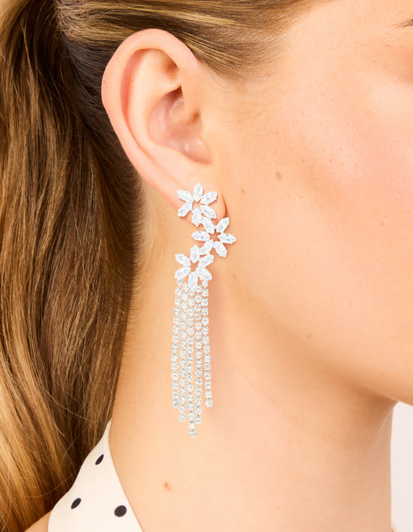 Silver Cubic Zirconia Flower Cupchain Drop Earrings