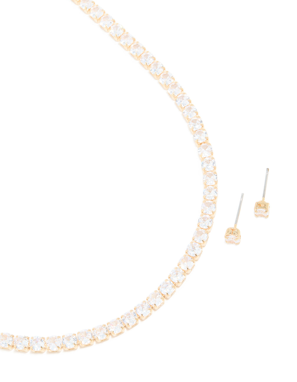 Gold Cubic Zirconia Tennis Necklace & Classic Stud Earrings Set